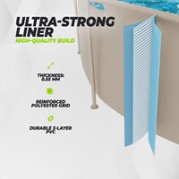 Infographic van de ultra sterke liner van het VirtuFit rond frame zwembad met details over de dikte van 0.55 mm en de duurzame 3 laags PVC opbouw met versterkt polyester raster.