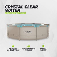Infographic van het beige VirtuFit rond zwembad met specificaties van de krachtige 530 gal per uur filterpomp inclusief cartridge voor kristalhelder water en een optimale hygiëne.