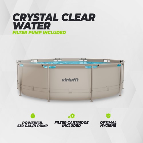 Infographic van het beige VirtuFit rond zwembad met specificaties van de krachtige 530 gal per uur filterpomp inclusief cartridge voor kristalhelder water en een optimale hygiëne.