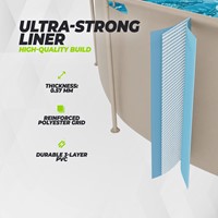 Infographic van de extra sterke liner van het VirtuFit opzetzwembad met details over de dikte van 0.57 mm en de opbouw van het 3 laags PVC materiaal met polyester raster.