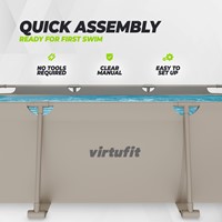 Vooraanzicht infographic van de wand van het beige VirtuFit frame zwembad met details over de montage zonder gereedschap.