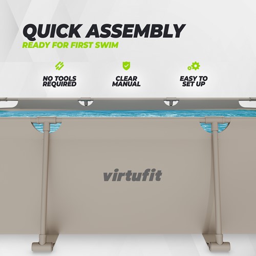 Vooraanzicht infographic van de wand van het beige VirtuFit frame zwembad met details over de montage zonder gereedschap.