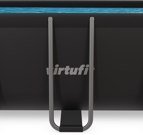 Close up van de robuuste ondersteuning en het VirtuFit logo op het antracietkleurige zwembadframe.